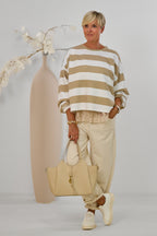 Quer gestreiftes Sweaty, beige-weiß