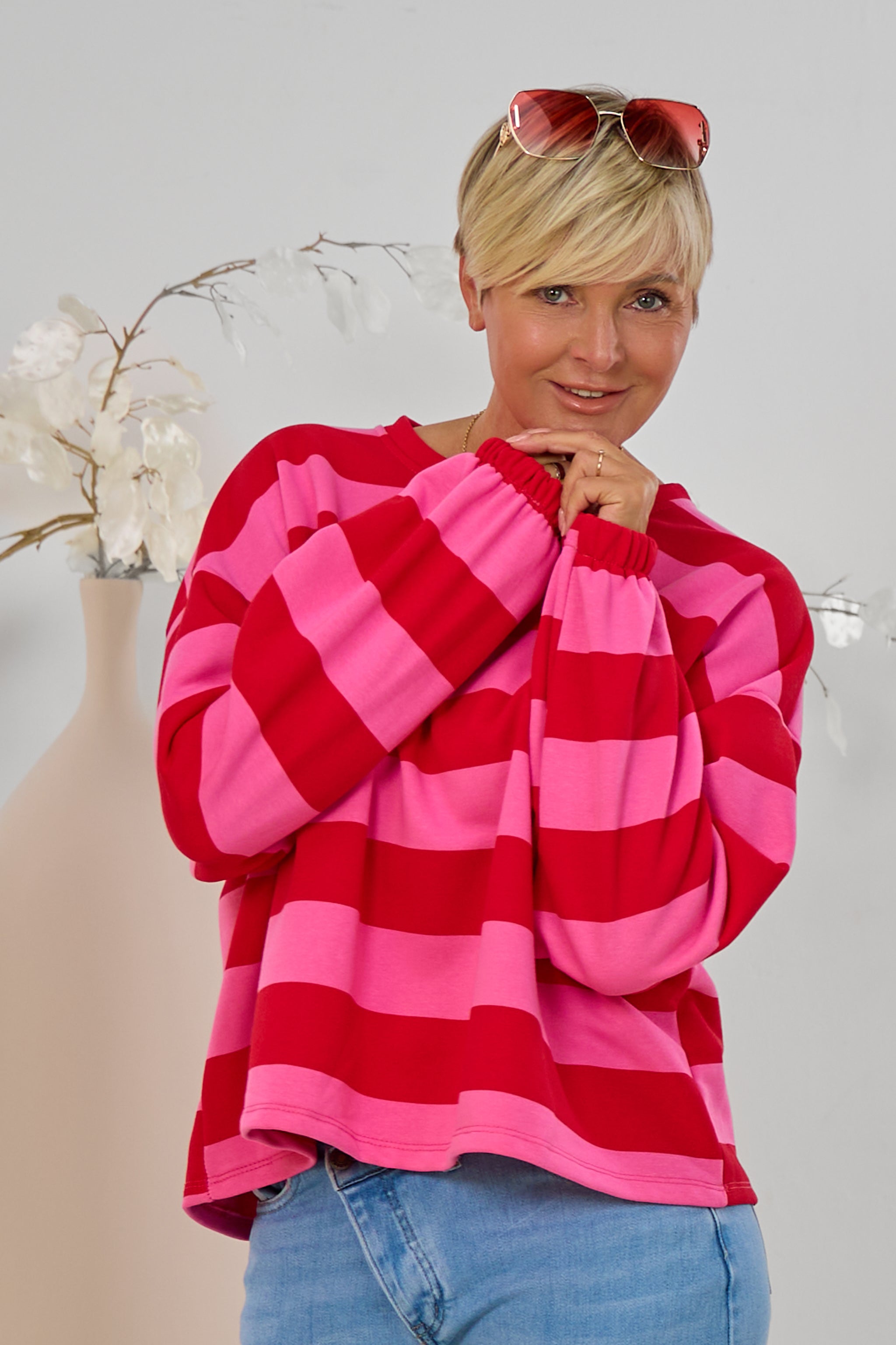 Quer gestreiftes Sweaty, pink-rot