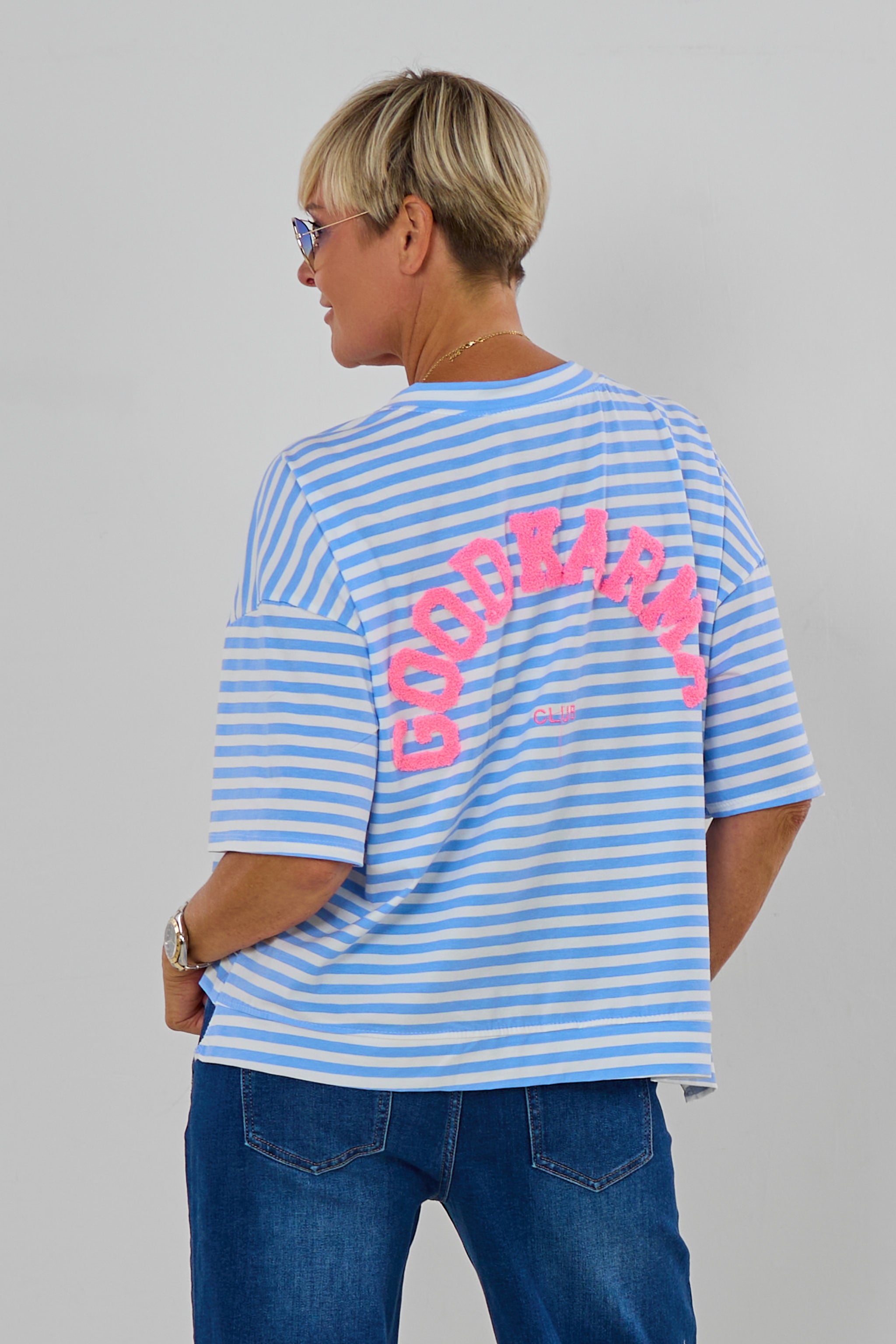 T-Shirt GOOD KARMA, hellblau-weiß