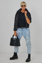 Jacket in washed leather look, black