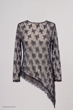 Asymmetrisches Spitzen-Langarmshirt, schwarz