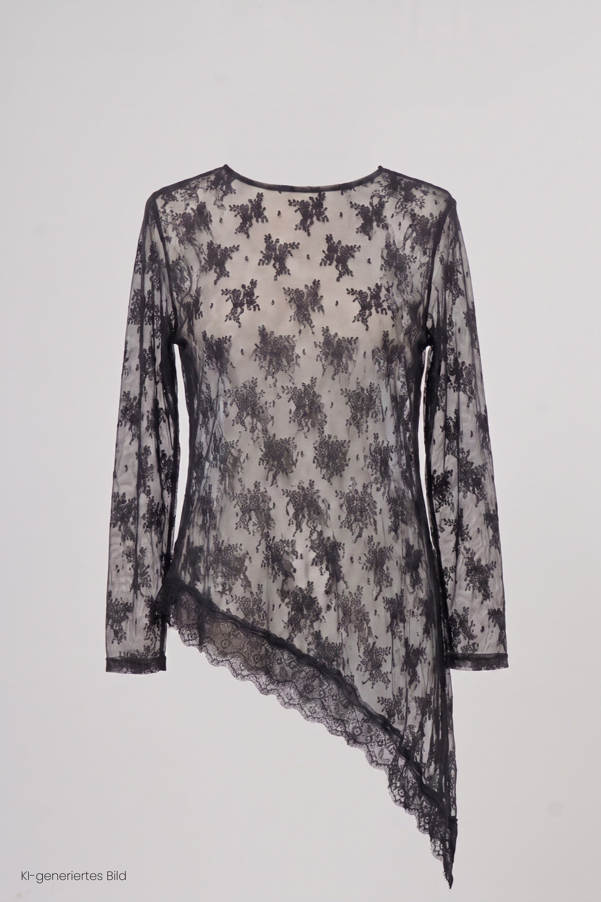 Asymmetrisches Spitzen-Langarmshirt, schwarz