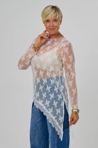 Asymmetrisches Spitzen-Langarmshirt, weiß