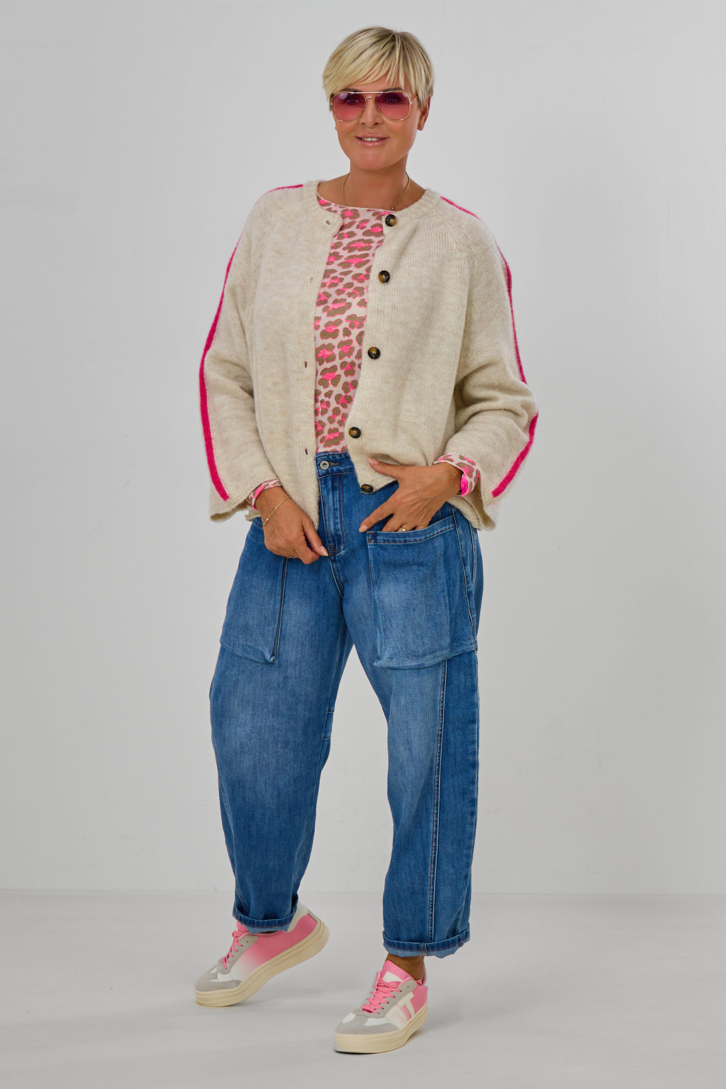 Cardigan mit Raglan-Ärmeln, beige meliert-pink