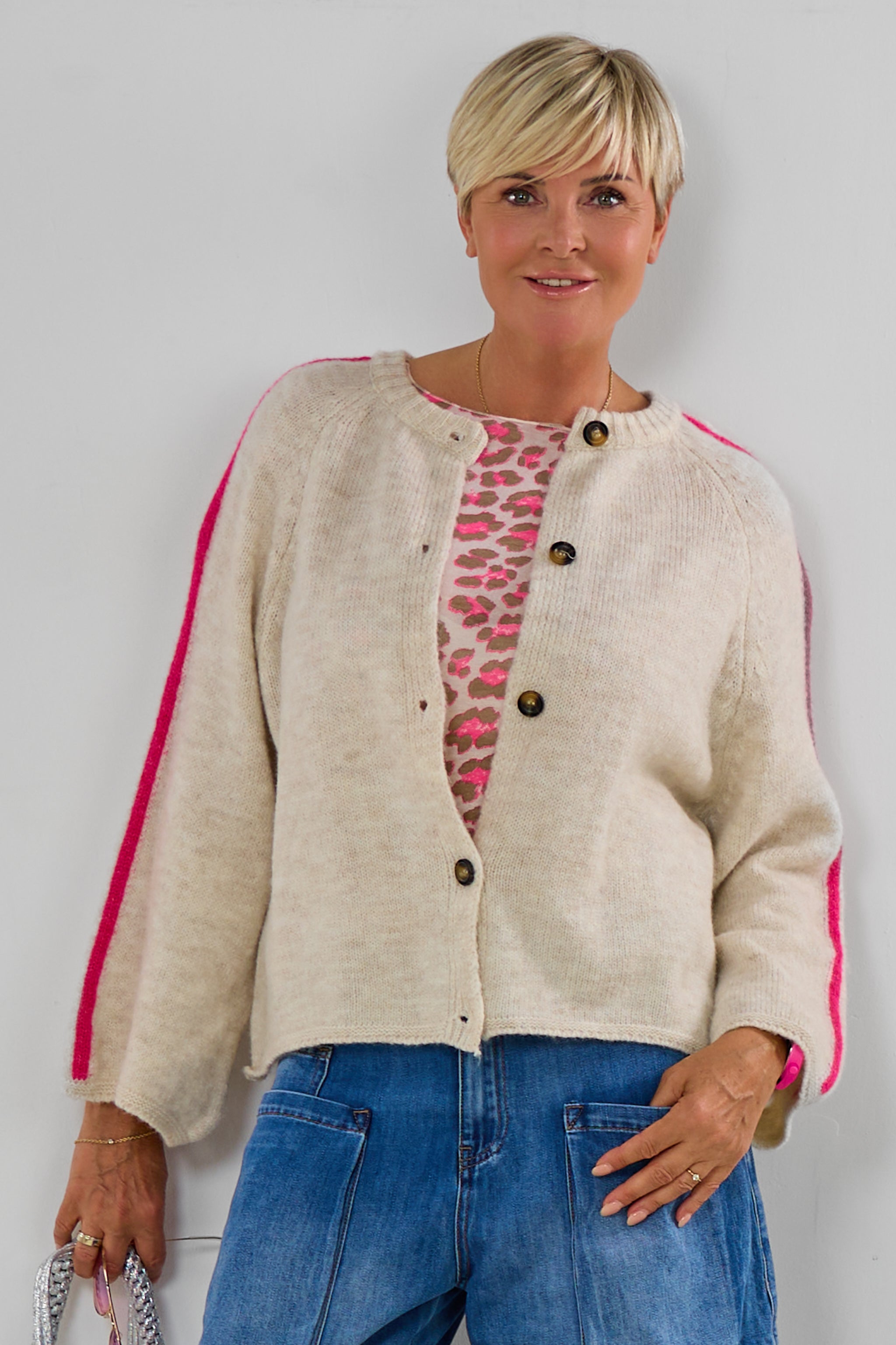 Cardigan mit Raglan-Ärmeln, beige meliert-pink