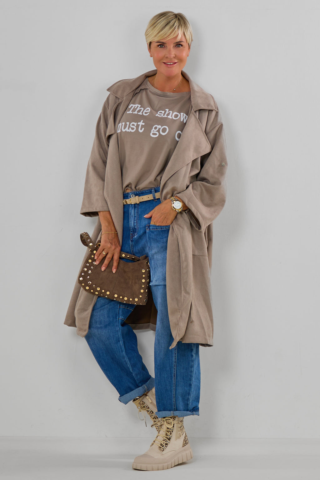 Lightweight coat in a suede-like finish, taupe leopard print