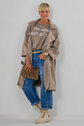 Lightweight coat in a suede-like finish, taupe leopard print