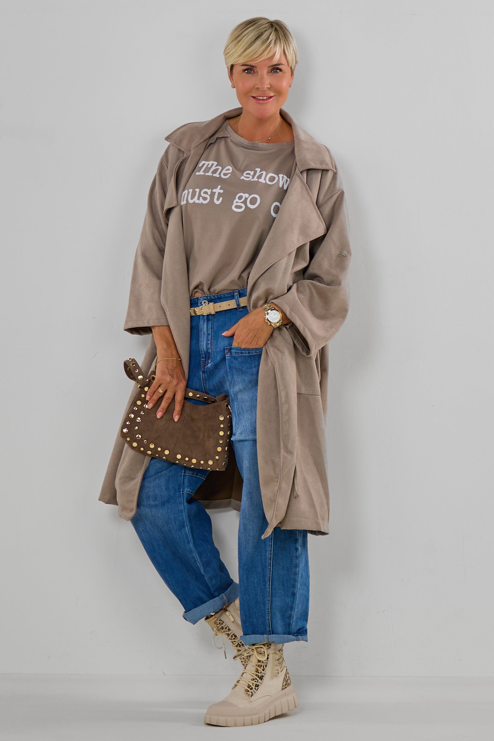 Lightweight coat in a suede-like finish, taupe leopard print
