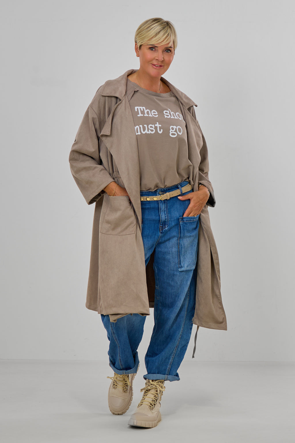 Lightweight coat in a suede-like finish, taupe leopard print