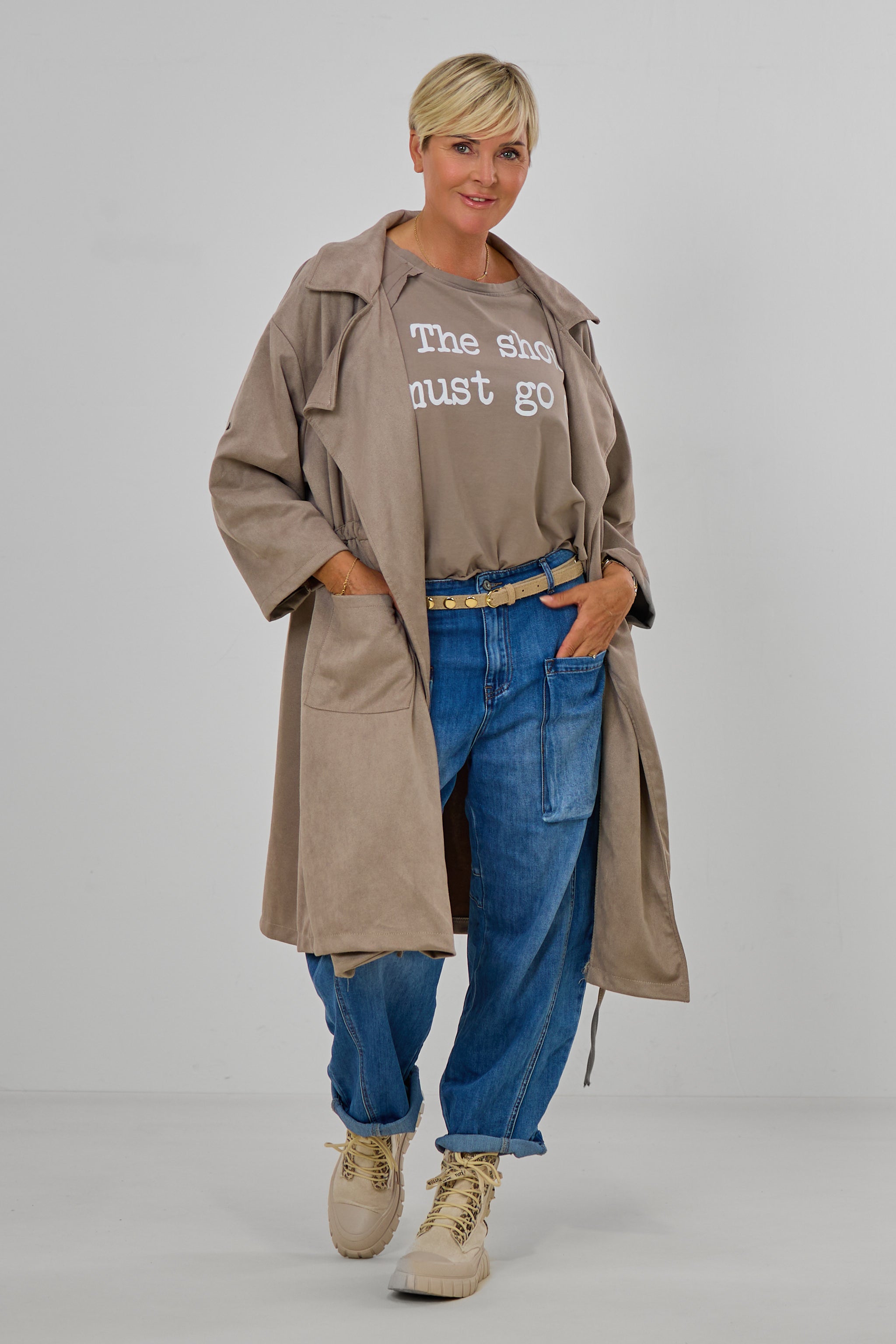 Lightweight coat in a suede-like finish, taupe leopard print