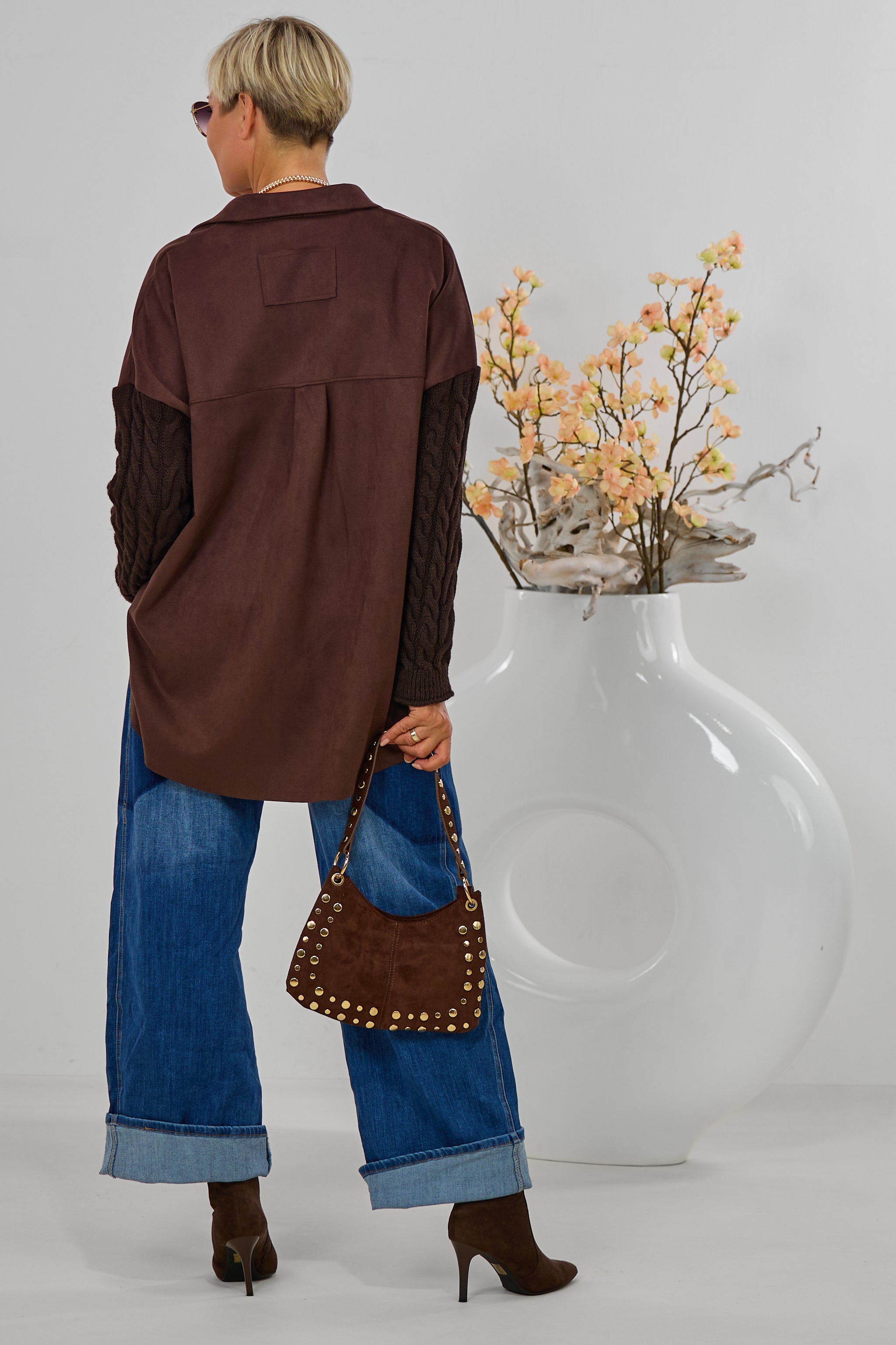 Hemdjacke in Waschleder-Optik mit Strickärmeln, braun
