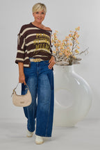 Striped knitted sweater PARIS Worldwide, chocolate brown-cream