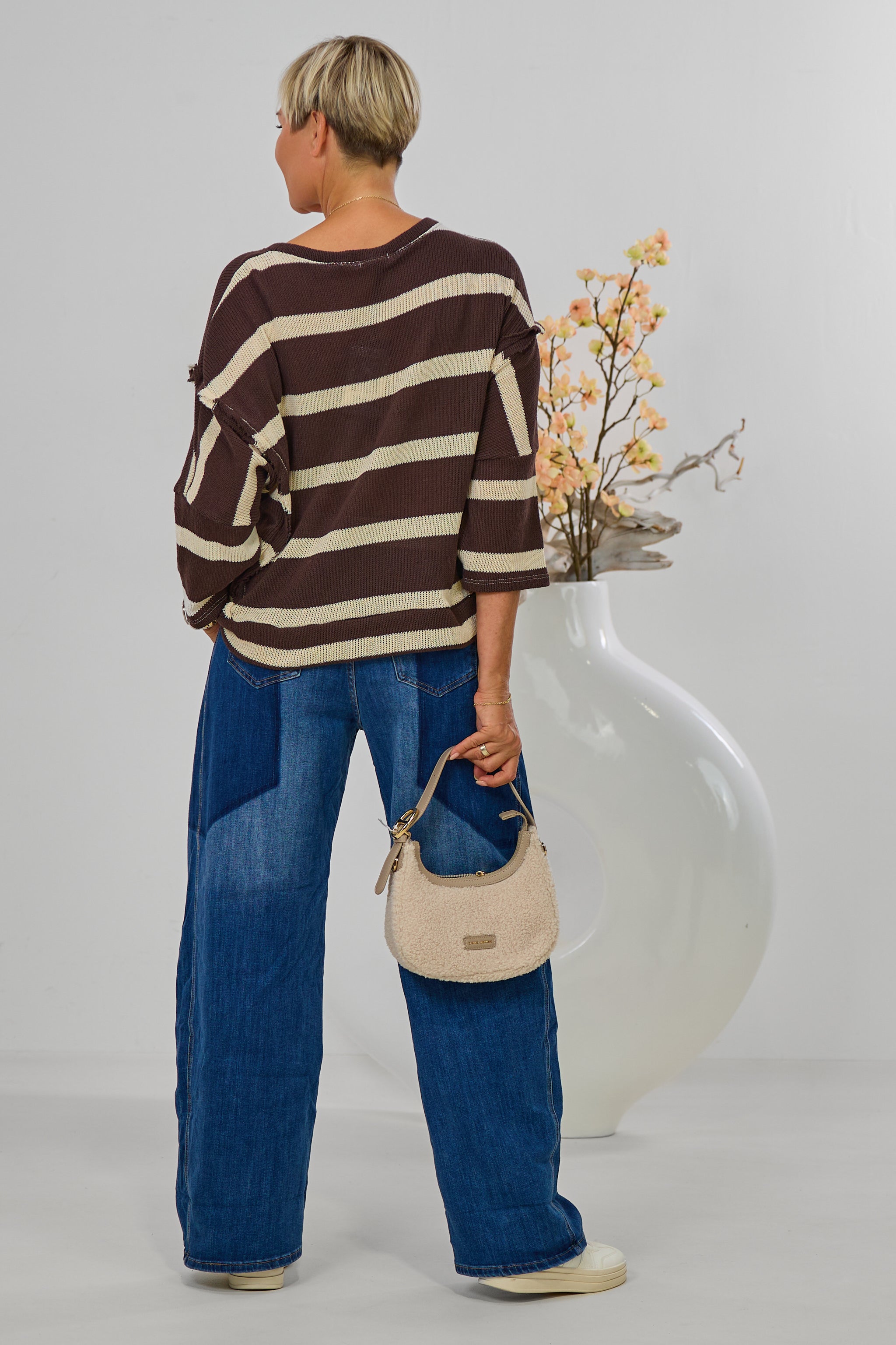 Striped knitted sweater PARIS Worldwide, chocolate brown-cream