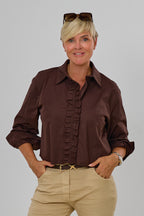 Kurze Bluse mit Rüschenbesatz, schokobraun
