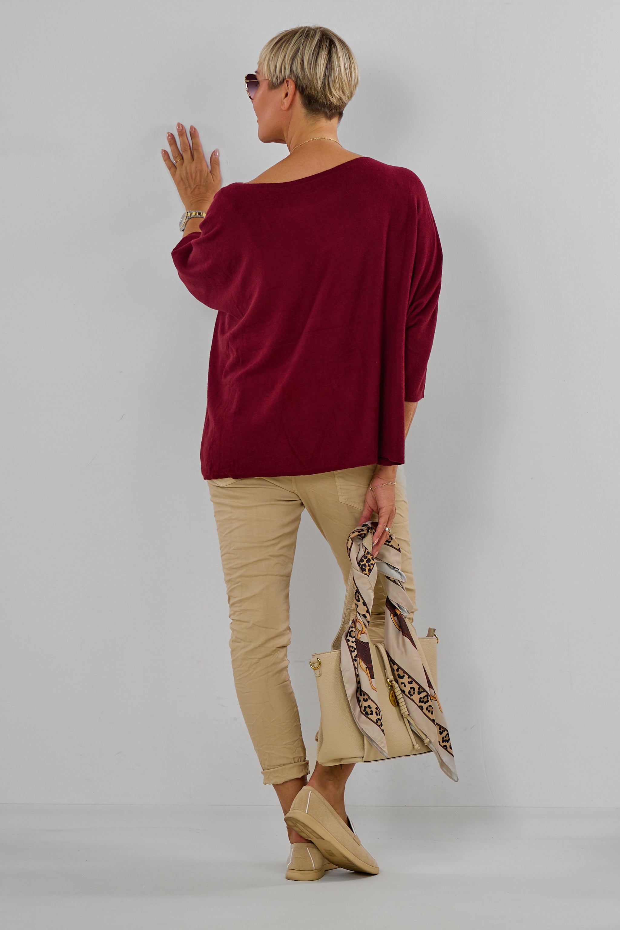Feinstrickpulli mit 3/4 langen Fledermausärmeln, bordeaux