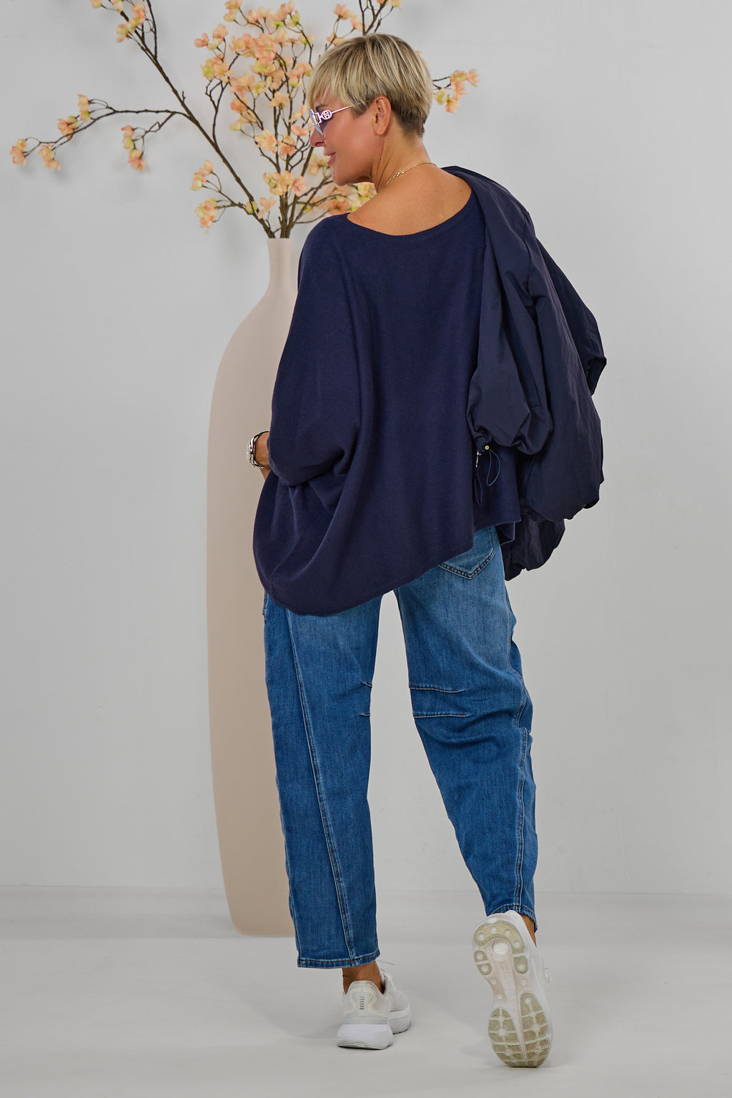 Feinstrickpulli mit 3/4 langen Fledermausärmeln, marine