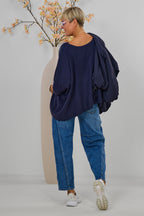 Feinstrickpulli mit 3/4 langen Fledermausärmeln, marine