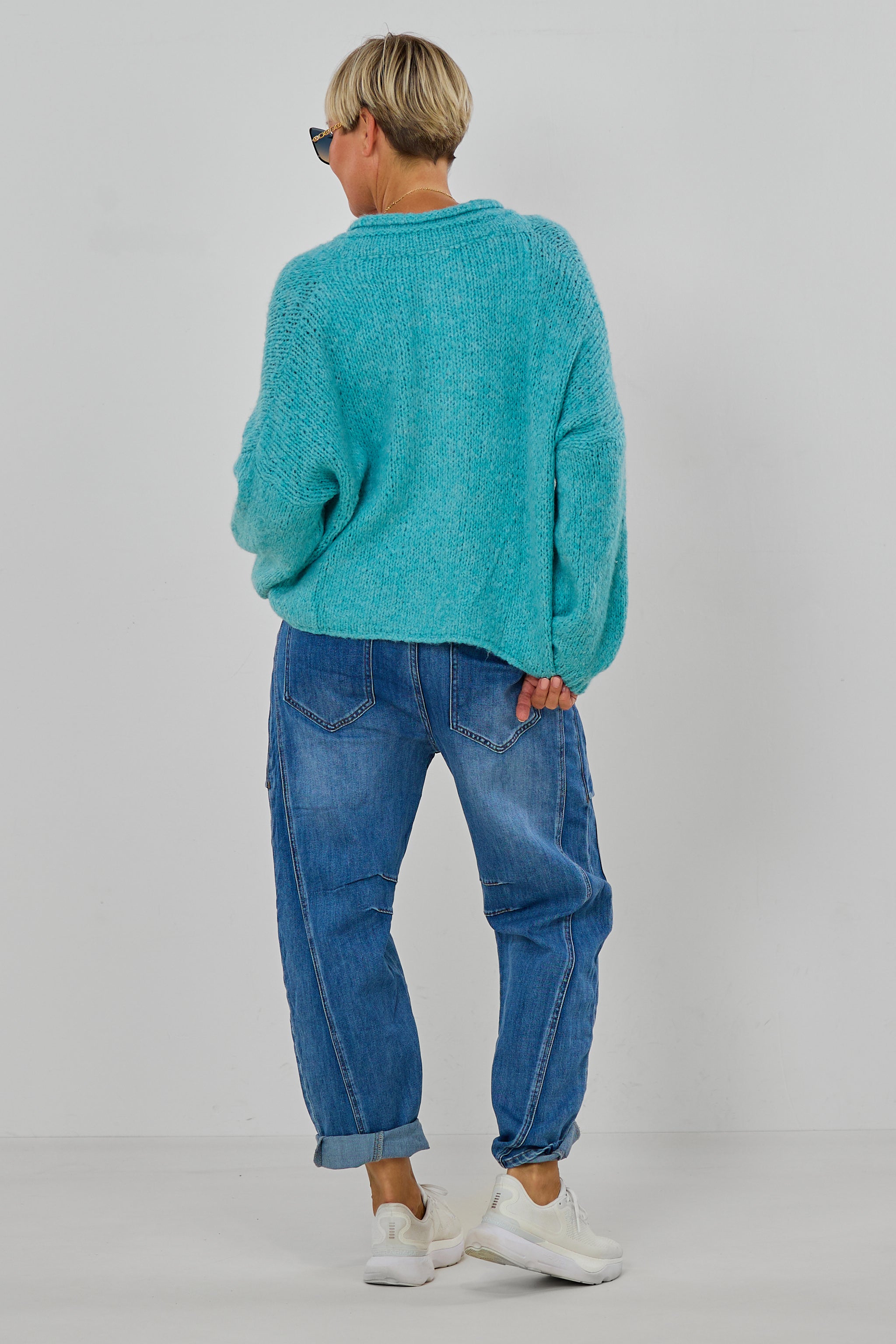 Strickjacke mit kleinem Kragen, hellpetrol-meliert