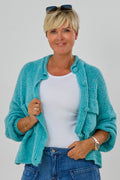 Strickjacke mit kleinem Kragen, hellpetrol-meliert