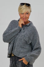 Strickjacke mit kleinem Kragen, grau-meliert