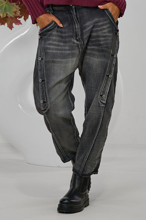 Baggy Jeans im used Look mit Zierknöpfen, dunkelgrau