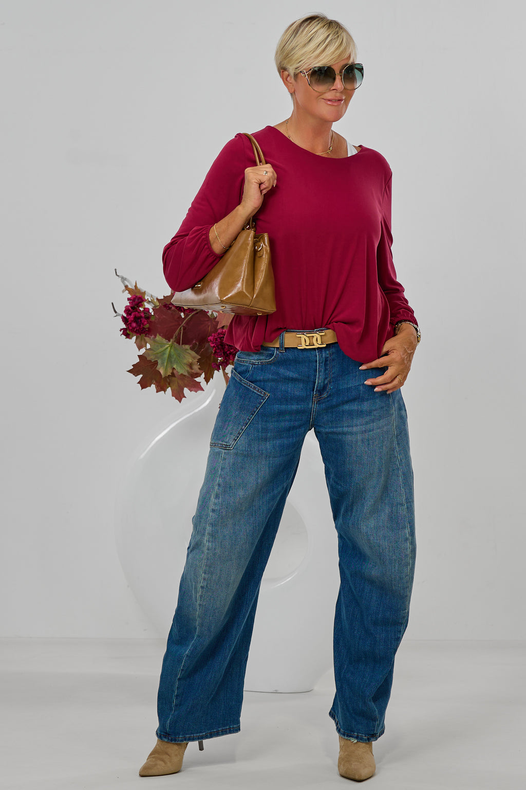 Uni Langarmshirt im Balloon-Style, bordeaux