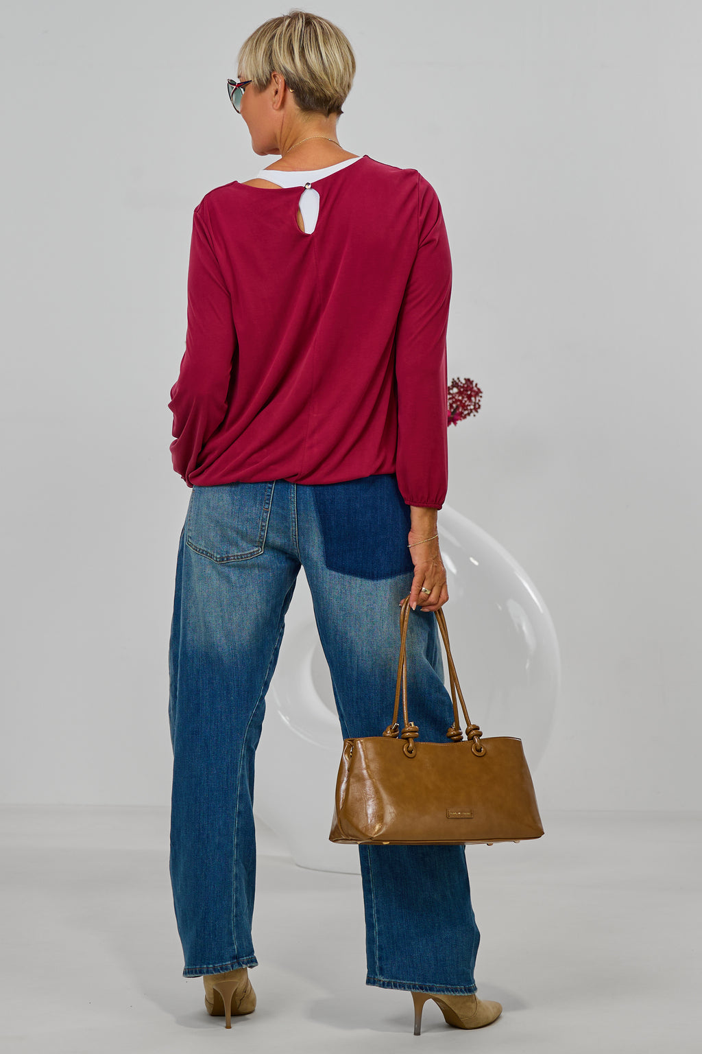Uni Langarmshirt im Balloon-Style, bordeaux