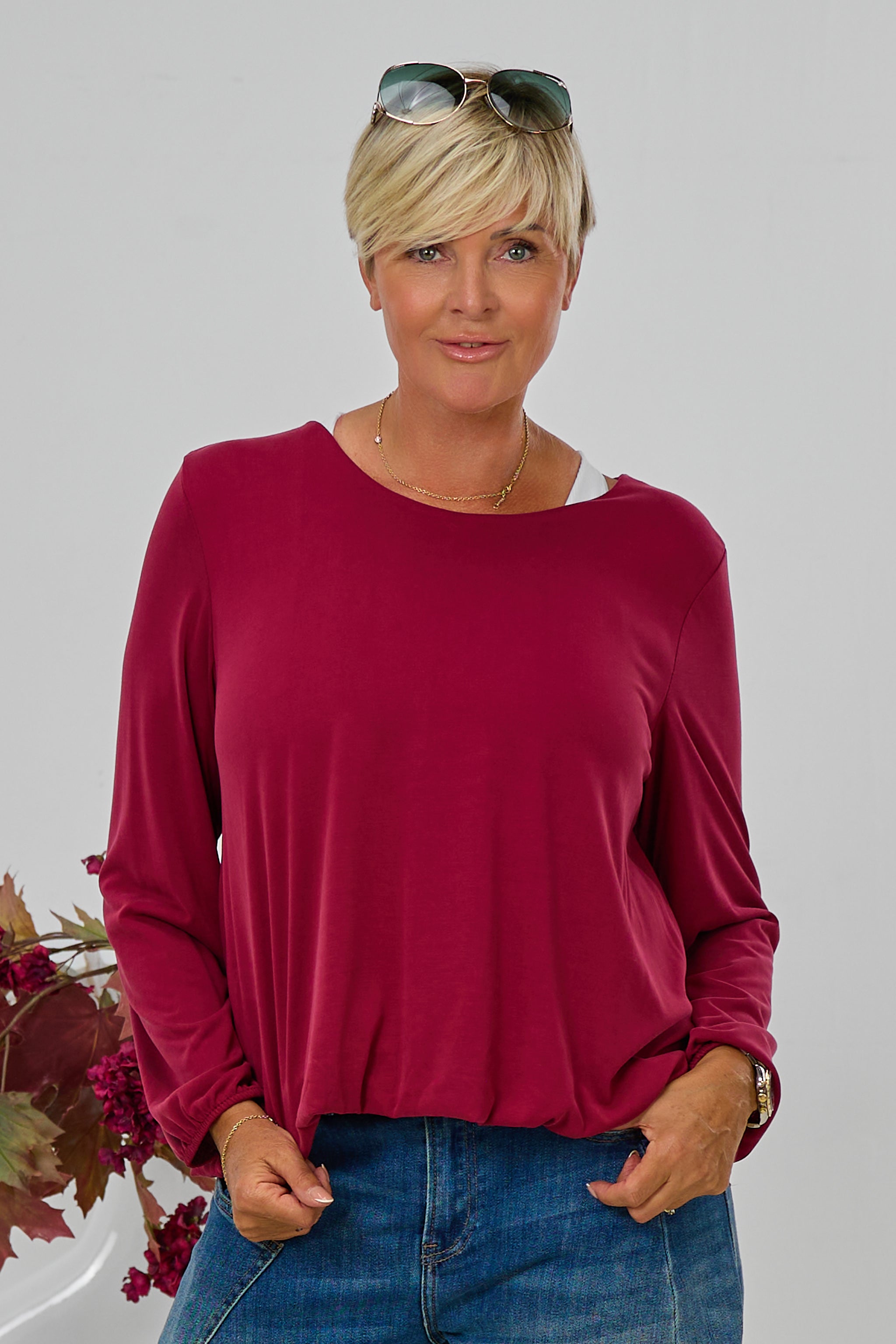 Uni Langarmshirt im Balloon-Style, bordeaux
