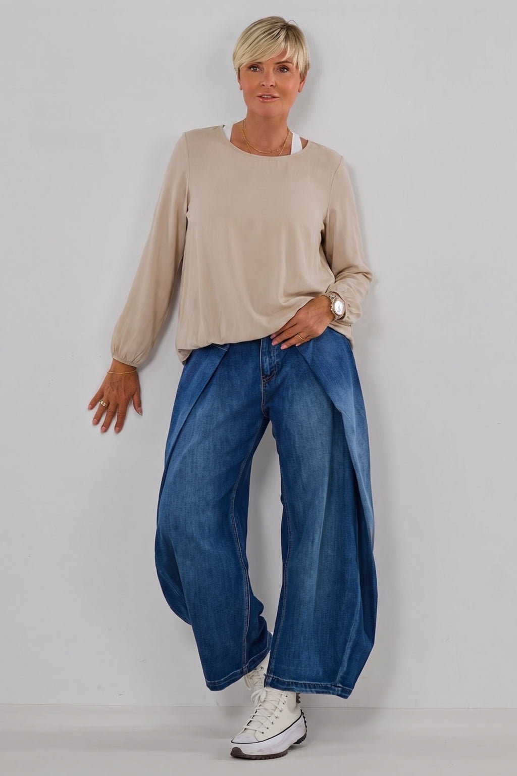 Uni Langarmshirt im Balloon-Style, beige