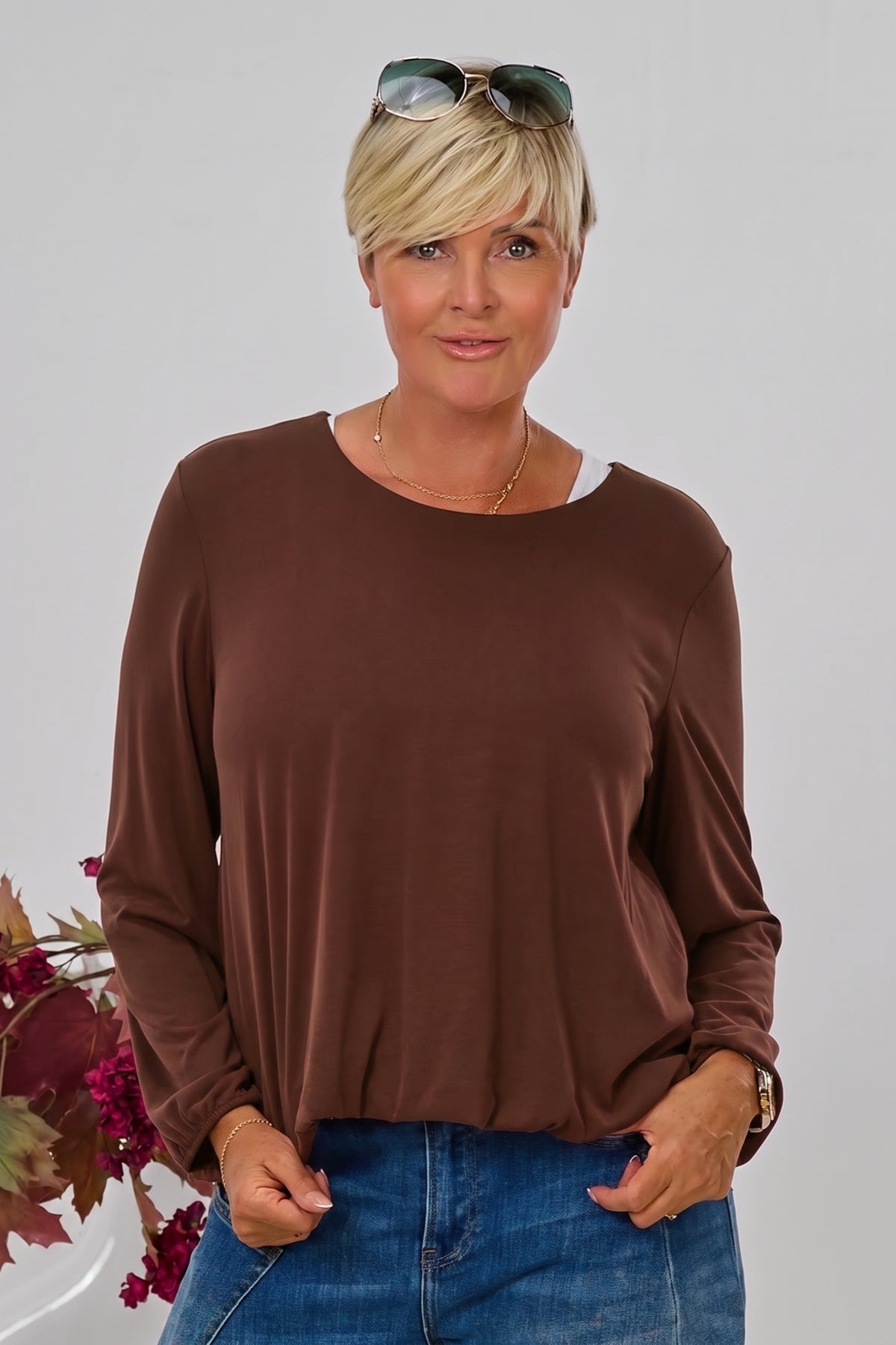 Uni Langarmshirt im Balloon-Style, schokobraun