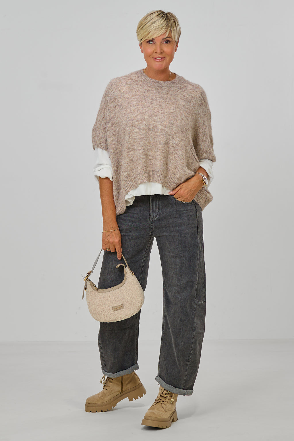 Ärmelloser oversized Strickpulli, schlamm meliert