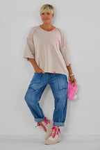 Kurzarm Sweaty mit außenliegenden Nähten, beige-neon pink