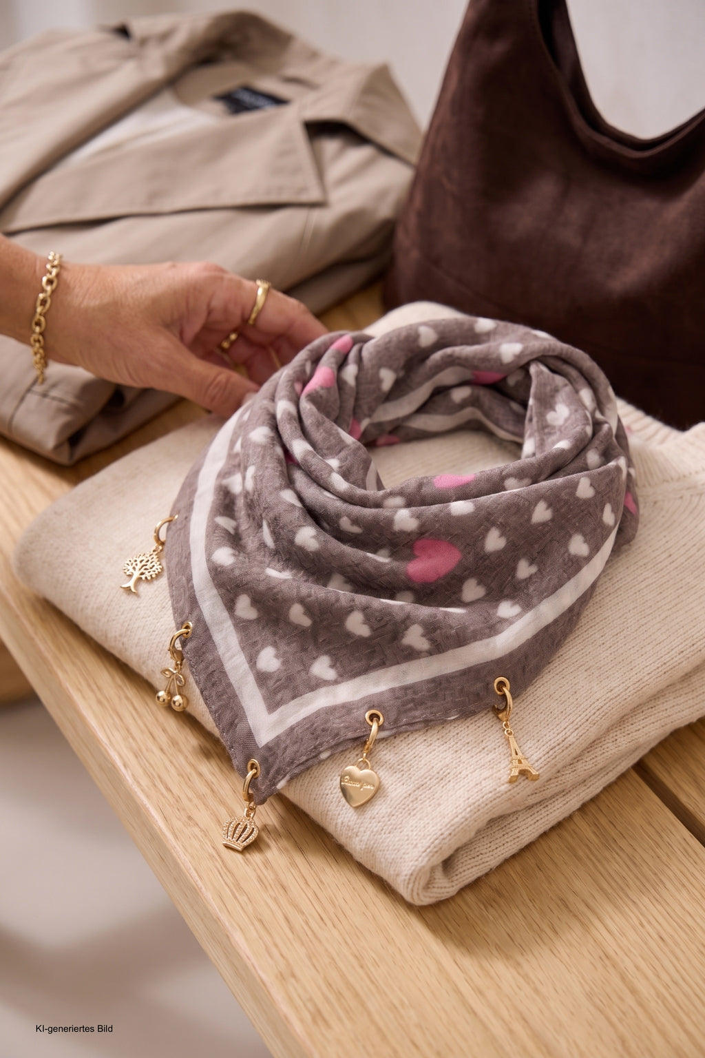 Weiches Tuch mit Charms, braun-beige-pink