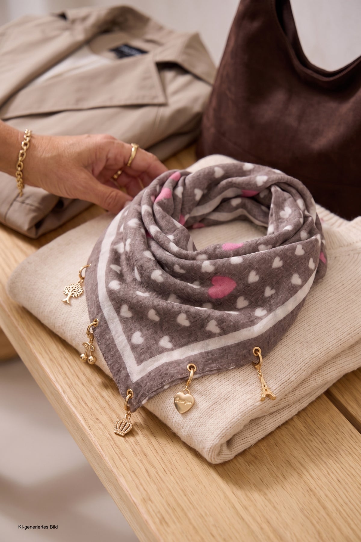 Weiches Tuch mit Charms, braun-beige-pink