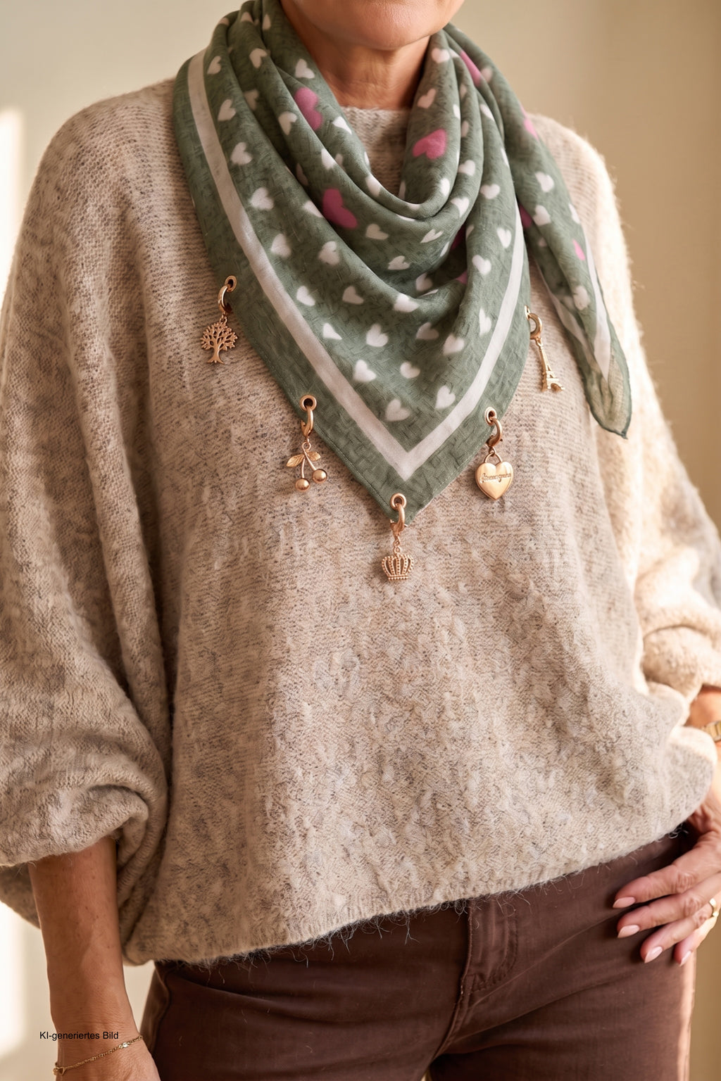 Weiches Tuch mit Charms, khaki-beige-rosa