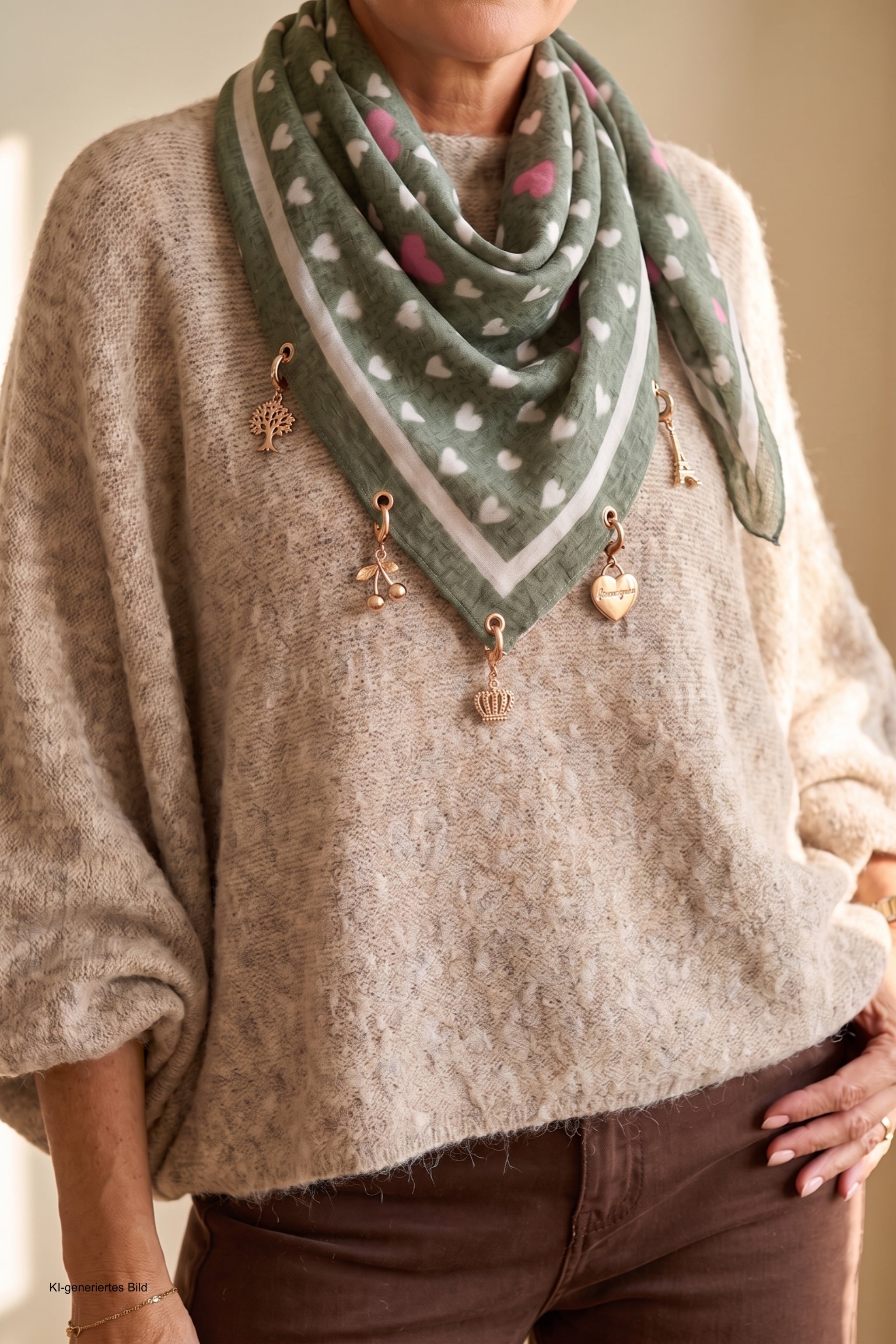 Weiches Tuch mit Charms, khaki-beige-rosa