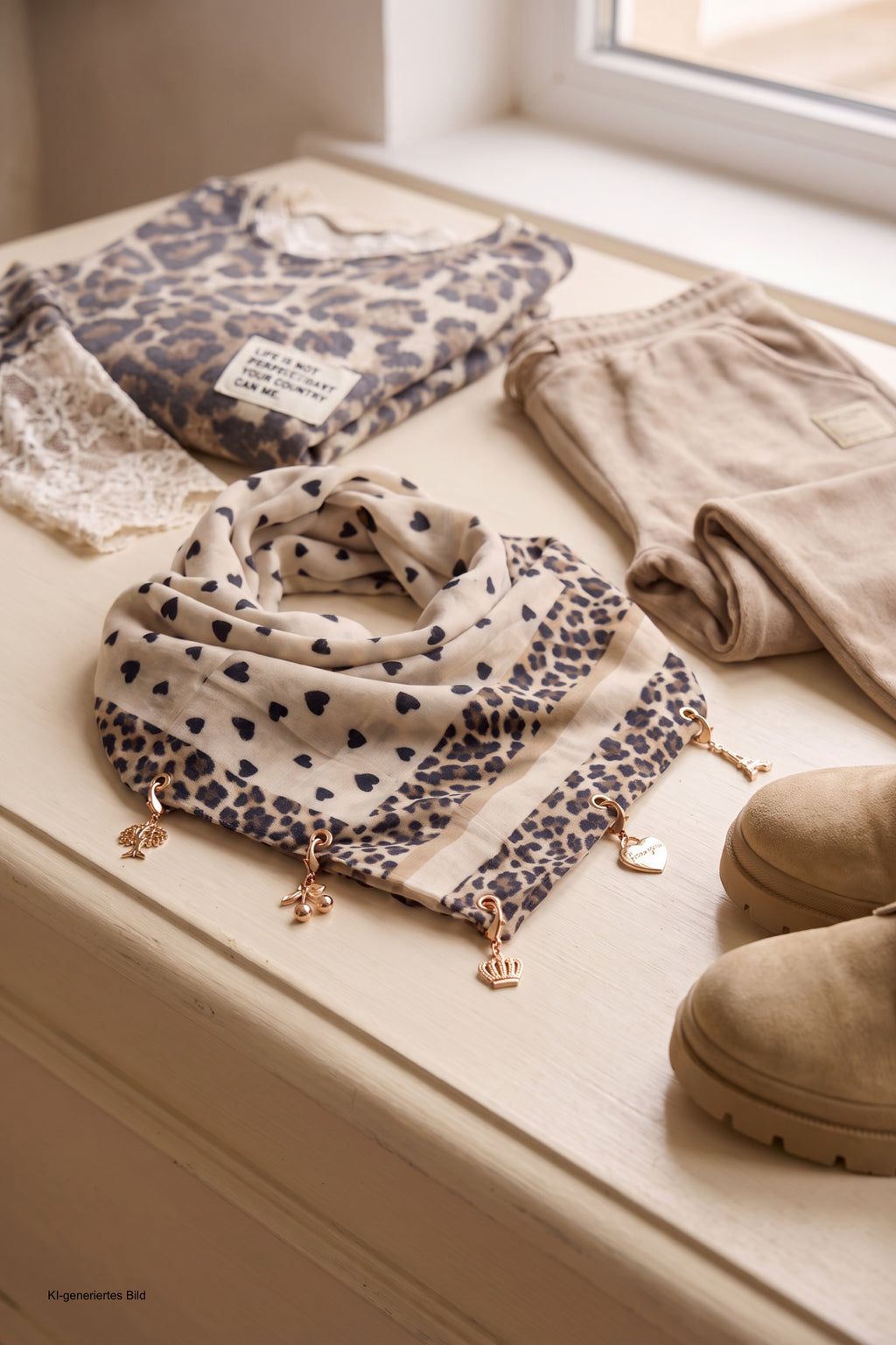 Weiches Tuch mit Charms, beige-leo