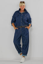 Jeans mit gesteppten Bundfalten, dark denim