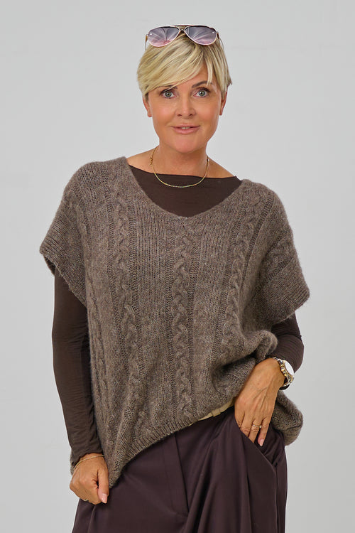 Ärmelloser Strickpulli mit Zopfmuster, braun