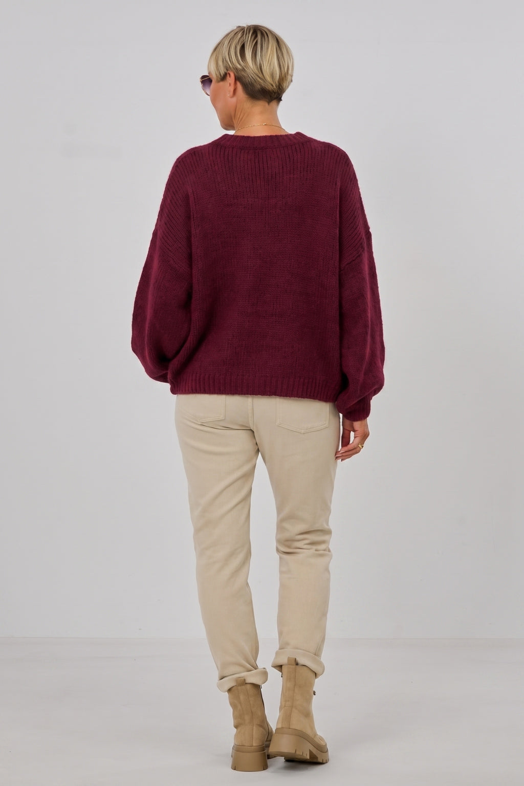 Strickpulli/Überwurf, quergestrickt, bordeaux meliert