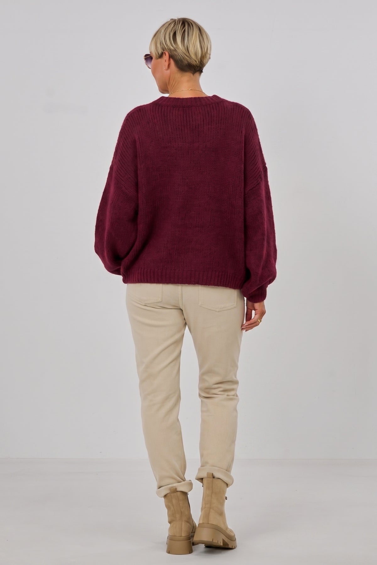 Strickpulli/Überwurf, quergestrickt, bordeaux meliert