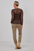 Samtiges Spitzen-Langarmshirt, schokobraun