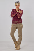 Samtiges Spitzen-Langarmshirt, bordeaux