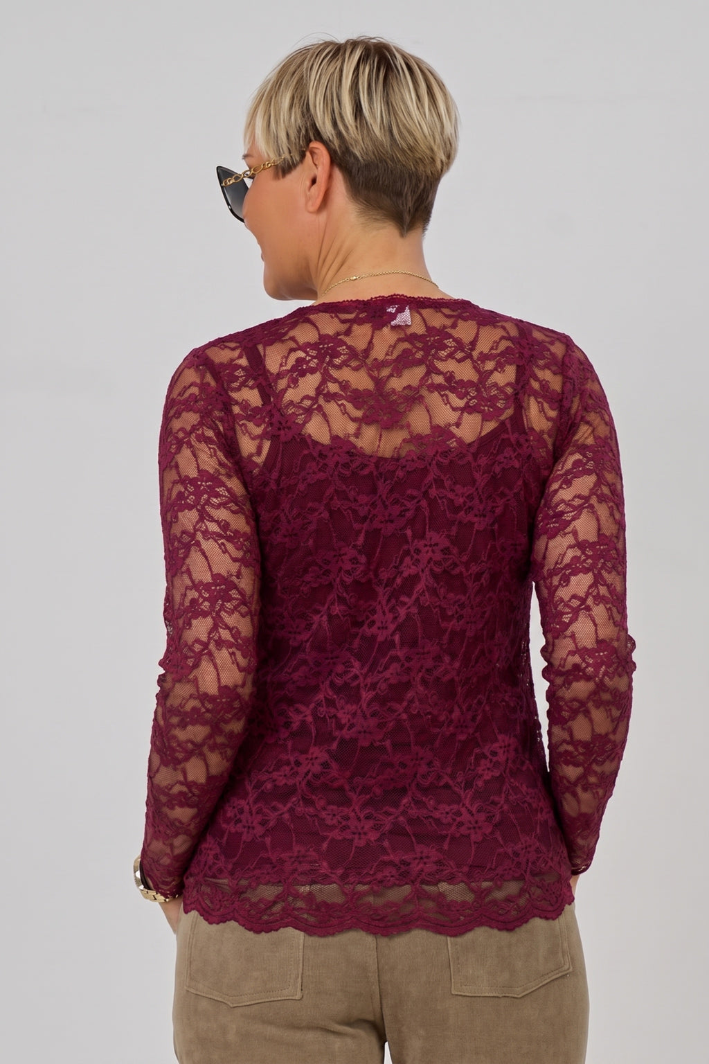 Samtiges Spitzen-Langarmshirt, bordeaux