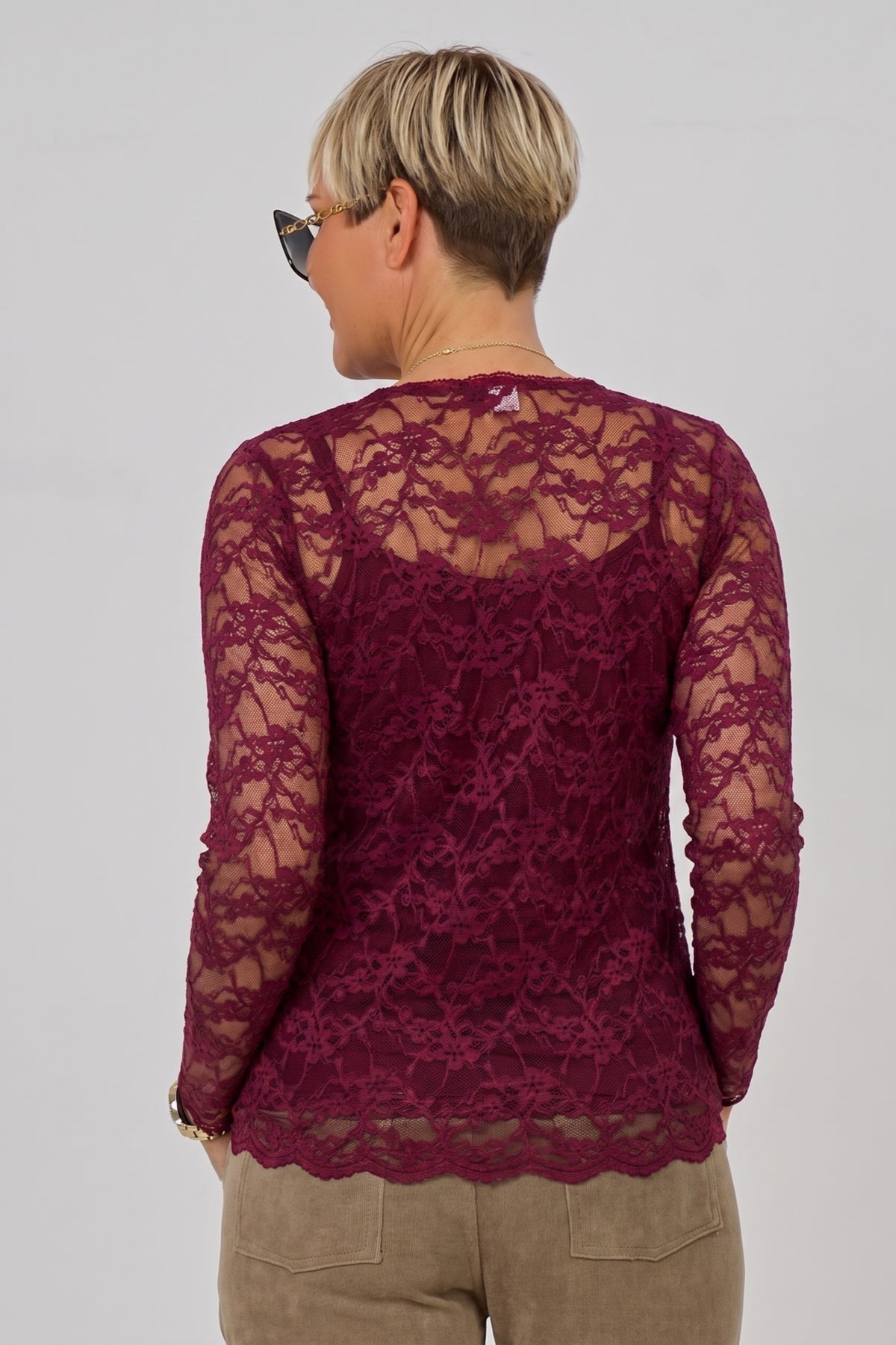 Samtiges Spitzen-Langarmshirt, bordeaux