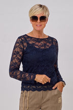Samtiges Spitzen-Langarmshirt, dunkelblau