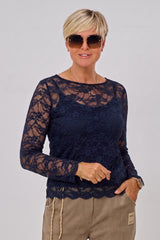 Samtiges Spitzen-Langarmshirt, dunkelblau