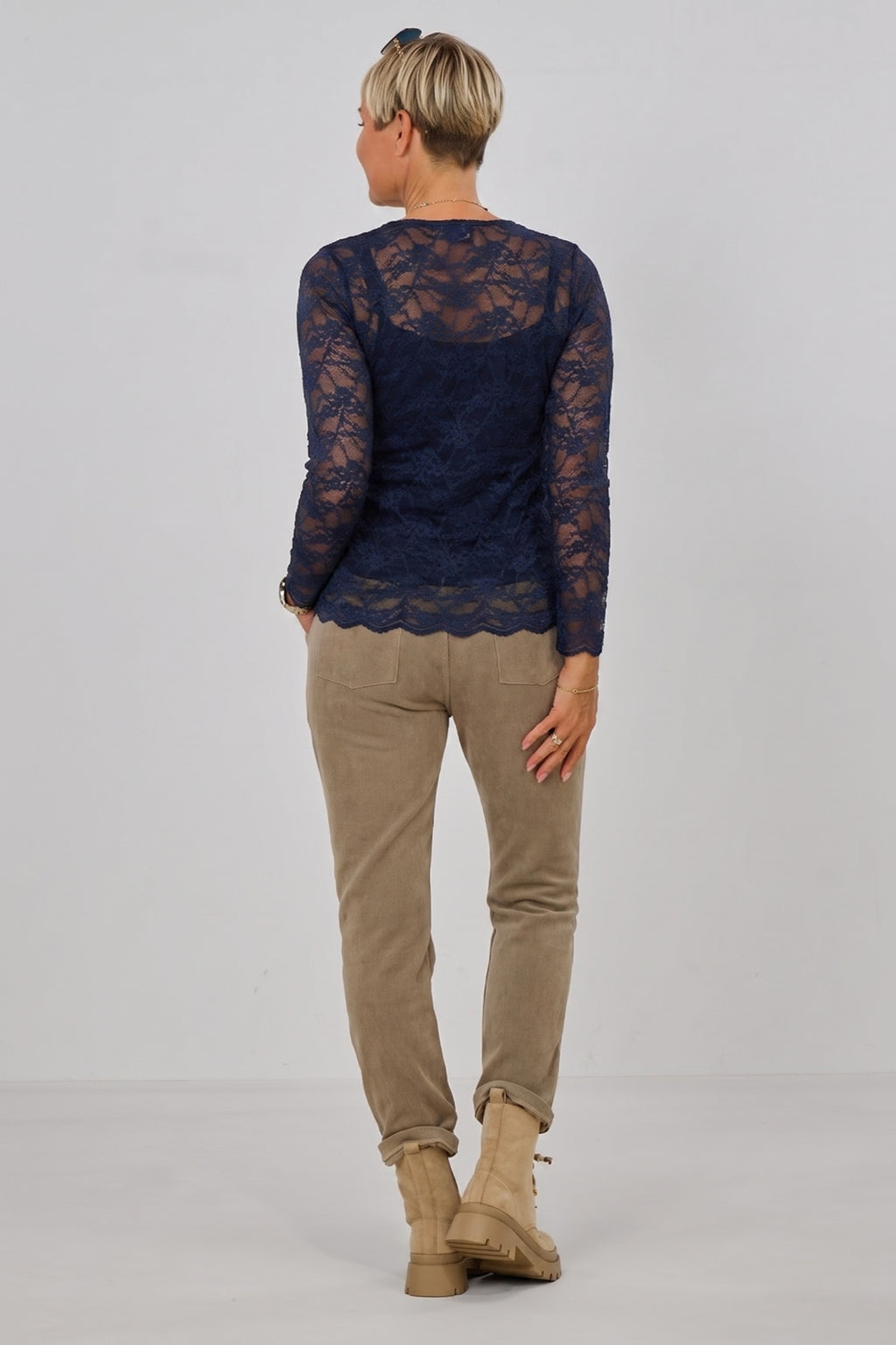 Samtiges Spitzen-Langarmshirt, dunkelblau