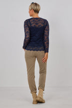 Samtiges Spitzen-Langarmshirt, dunkelblau