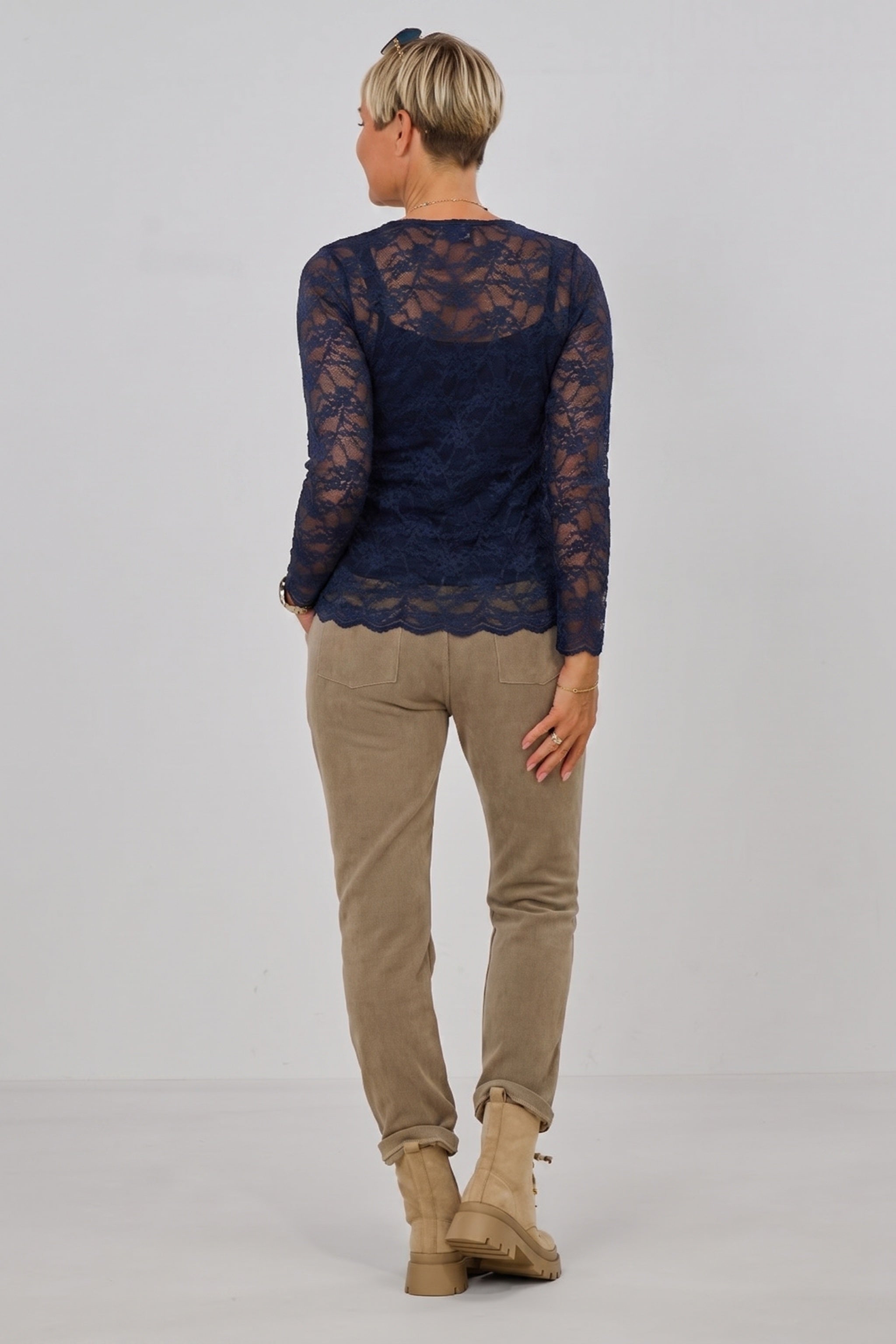 Samtiges Spitzen-Langarmshirt, dunkelblau